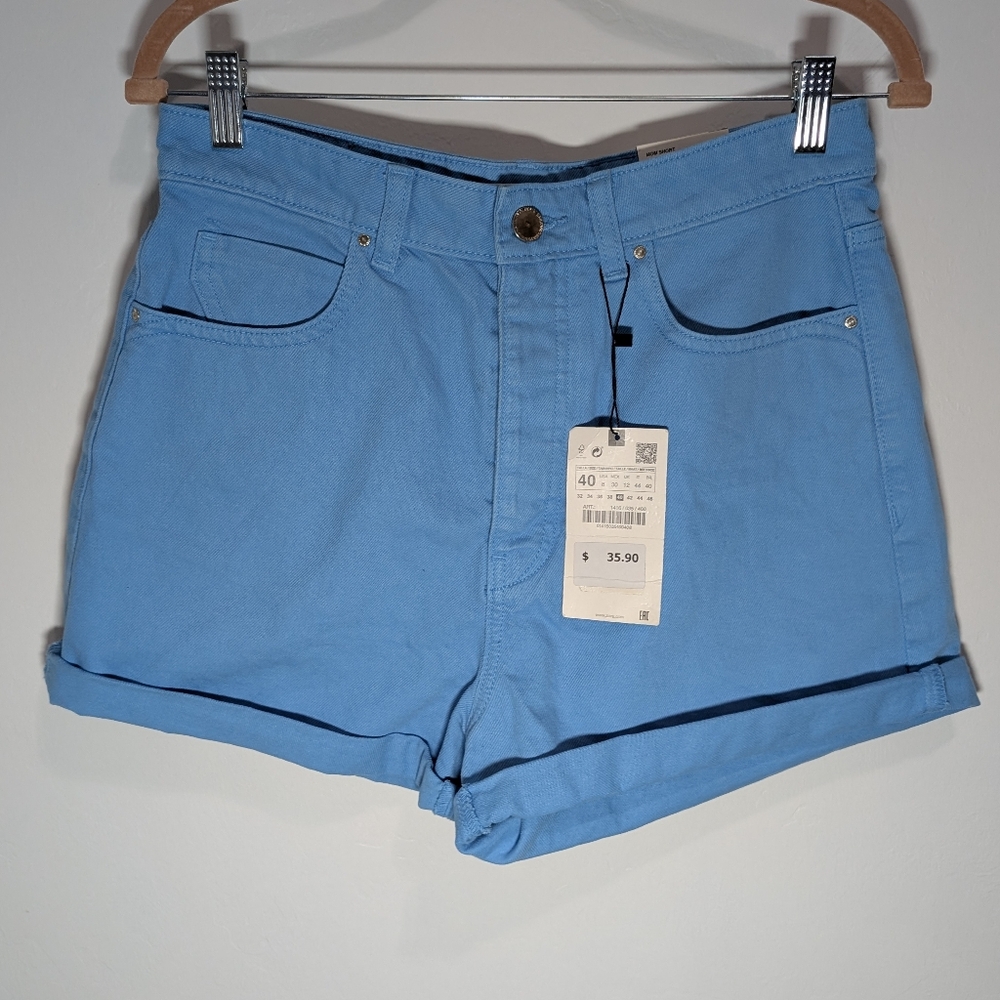 Zara Blue Rolled Hem Women's Mom Shorts Size US 8 High Waisted